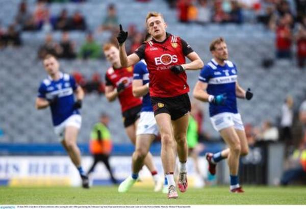 Liam Kerr of Down celebrates after scoring his side's fifth goal during the 2023 Tailteann Cup semi-final against Laois at Croke Park. Picture: Michael P Ryan/Sportsfile