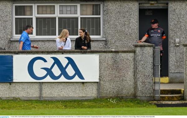 Fourth official Dermot Lyons approaches the Armagh dressing room before the start of the second half of the All-Ireland Senior Champio<em></em>nship Round 3 match between Armagh and Galway at Markievicz Park in Sligo. Photo by Brendan Moran/Sportsfile