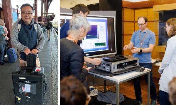 The image shows on the left a man with a bagpack. On the right, another man is looking into a boy together with other people. On the background there is a screeen with informations.